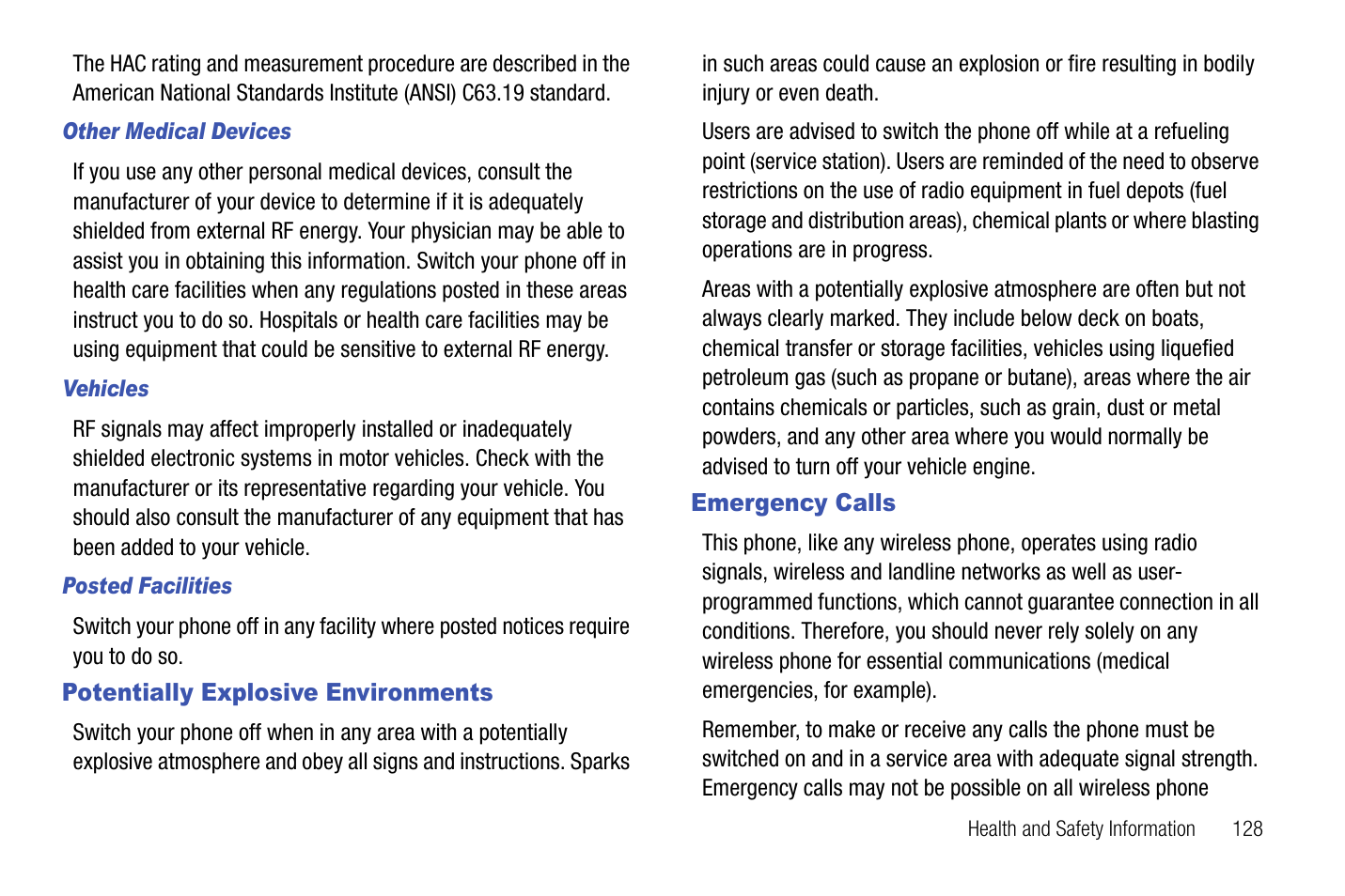 Other medical devices, Vehicles, Posted facilities | Potentially explosive environments, Emergency calls, Potentially explosive environments emergency calls | Samsung SCH-U550ZNAVZW User Manual | Page 131 / 145