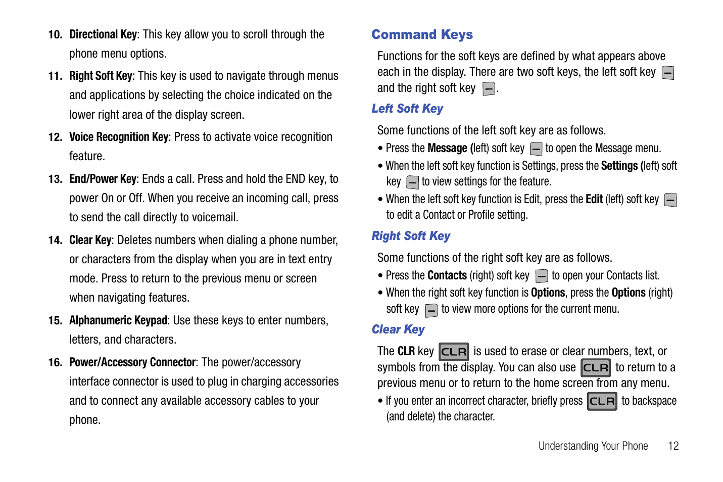 Command keys, Left soft key, Right soft key | Clear key | Samsung SCH-U550ZNAVZW User Manual | Page 15 / 145