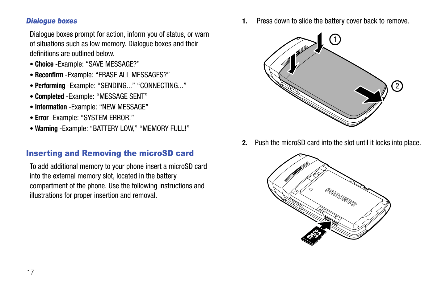 Dialogue boxes, Inserting and removing the microsd card | Samsung SCH-U550ZNAVZW User Manual | Page 20 / 145