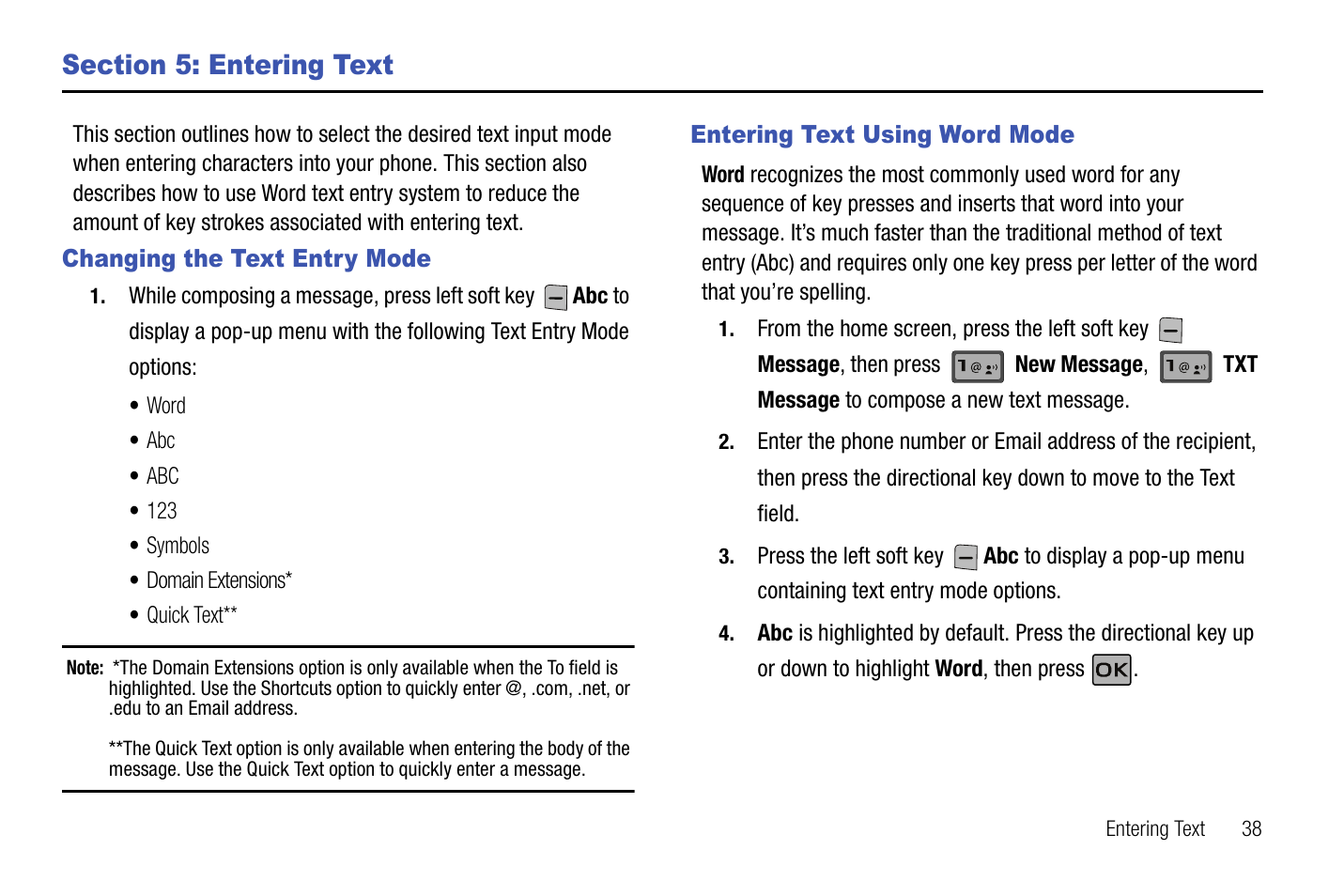 Section 5: entering text, Changing the text entry mode, Entering text using word mode | Samsung SCH-U550ZNAVZW User Manual | Page 41 / 145