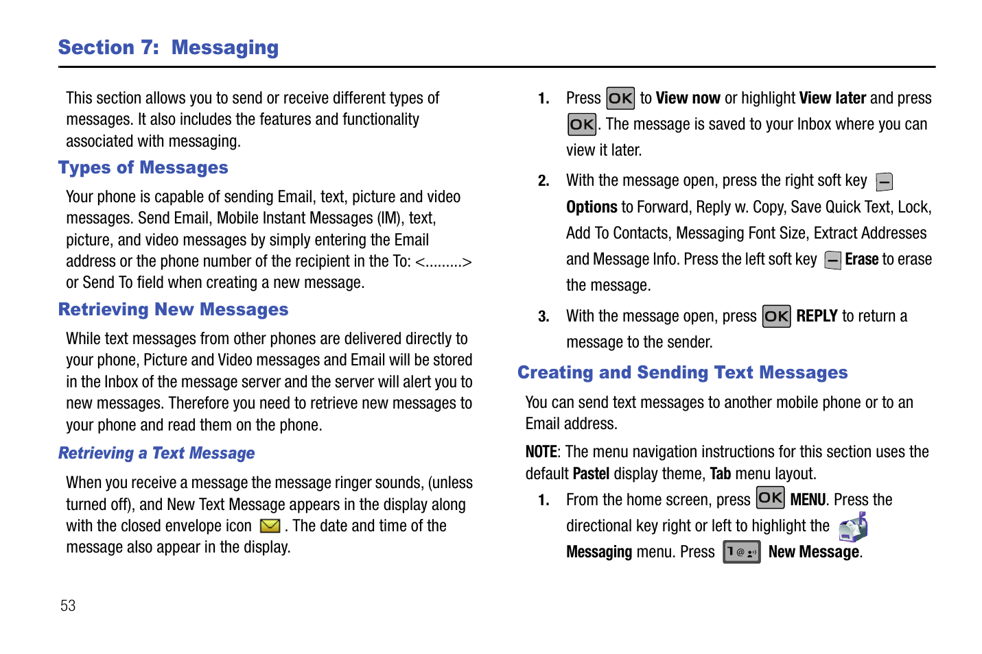 Section 7: messaging, Types of messages, Retrieving new messages | Retrieving a text message, Creating and sending text messages | Samsung SCH-U550ZNAVZW User Manual | Page 56 / 145