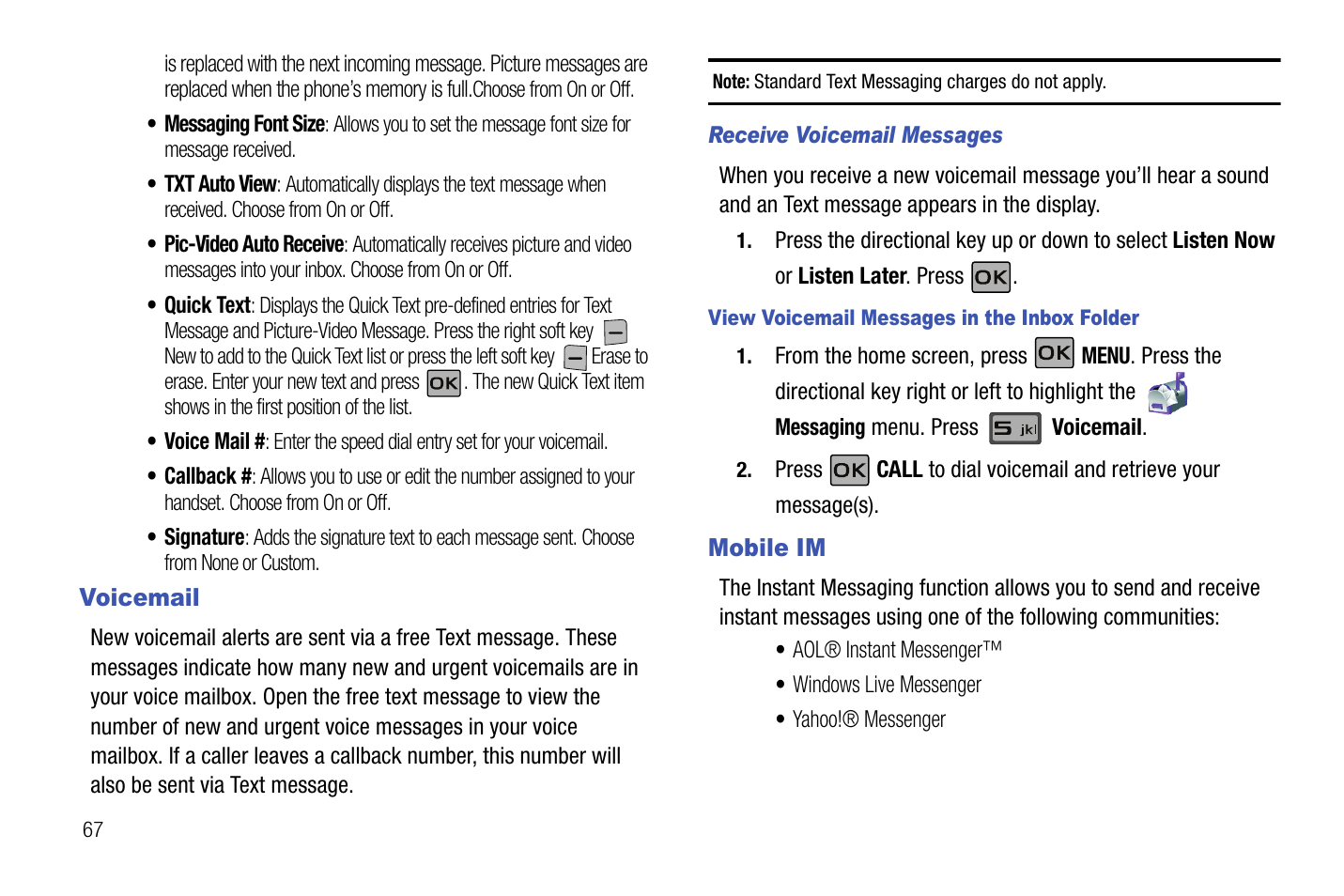 Voicemail, Receive voicemail messages, Mobile im | Voicemail mobile im | Samsung SCH-U550ZNAVZW User Manual | Page 70 / 145