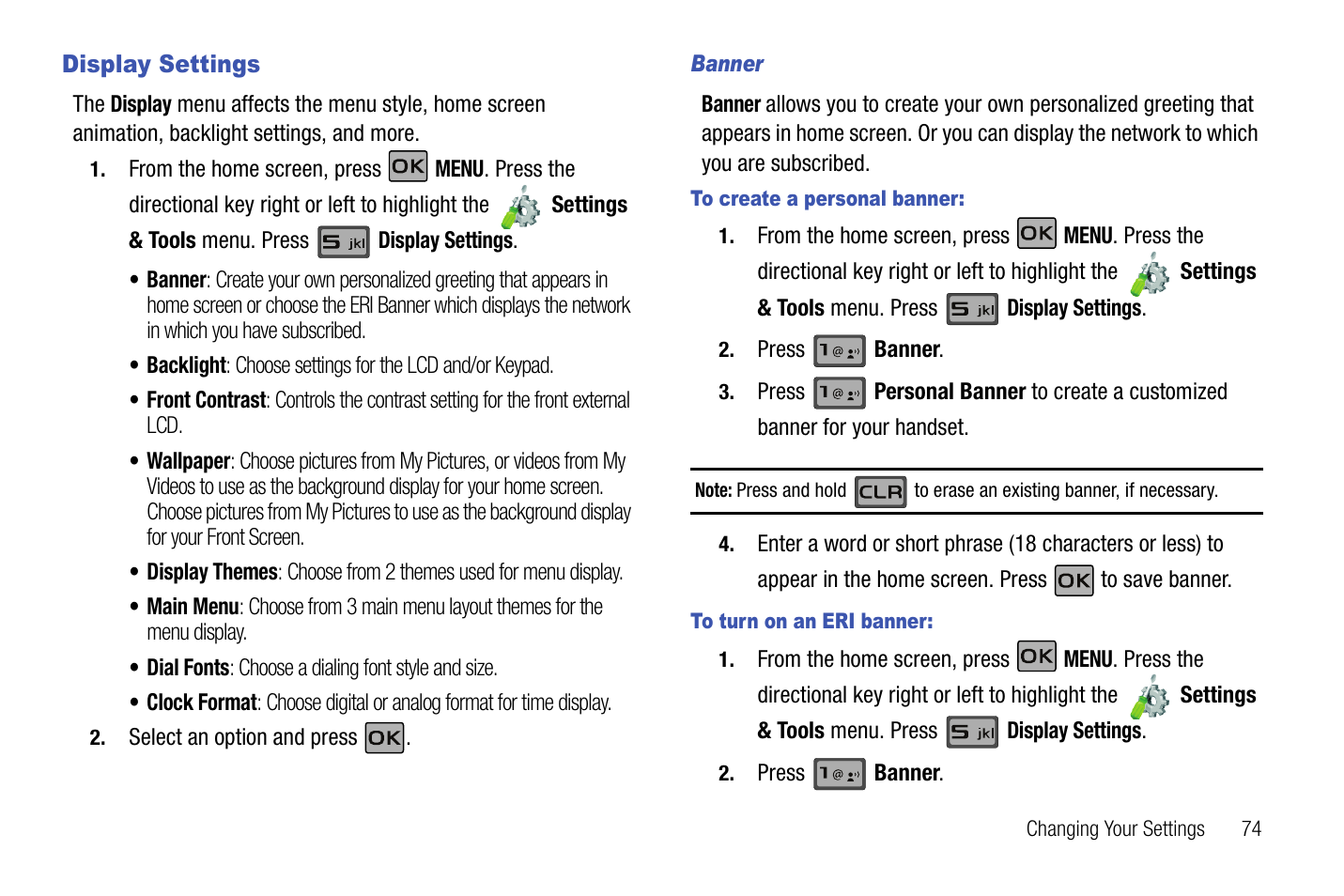 Display settings, Banner | Samsung SCH-U550ZNAVZW User Manual | Page 77 / 145