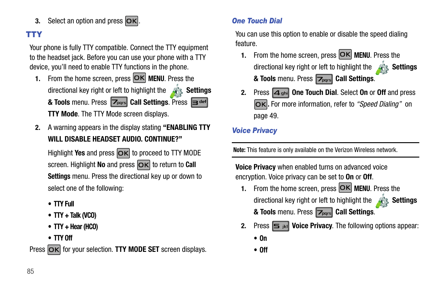 One touch dial, Voice privacy | Samsung SCH-U550ZNAVZW User Manual | Page 88 / 145