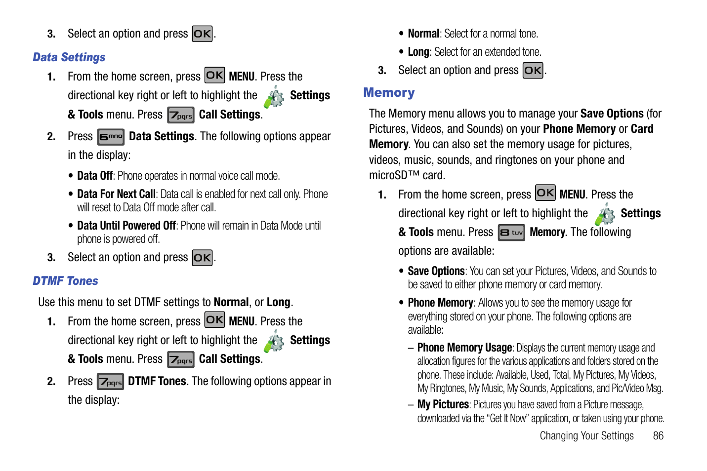 Data settings, Dtmf tones, Memory | Samsung SCH-U550ZNAVZW User Manual | Page 89 / 145