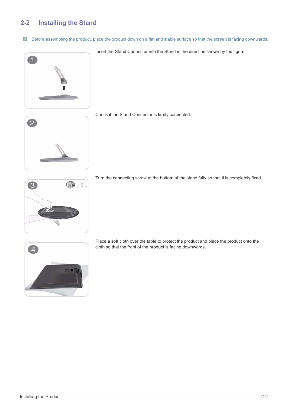 2 installing the stand, Installing the stand -2 | Samsung LS27EFHKUF-ZA User Manual | Page 12 / 45