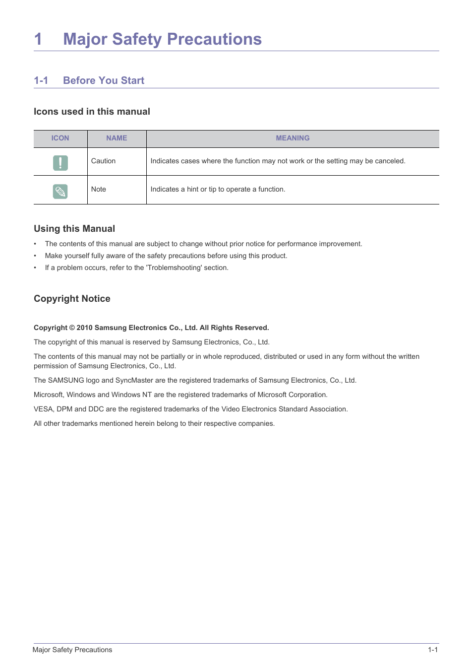 1 major safety precautions, 1 before you start, Major safety precautions | Before you start -1, 1major safety precautions | Samsung LS27EFHKUF-ZA User Manual | Page 3 / 45