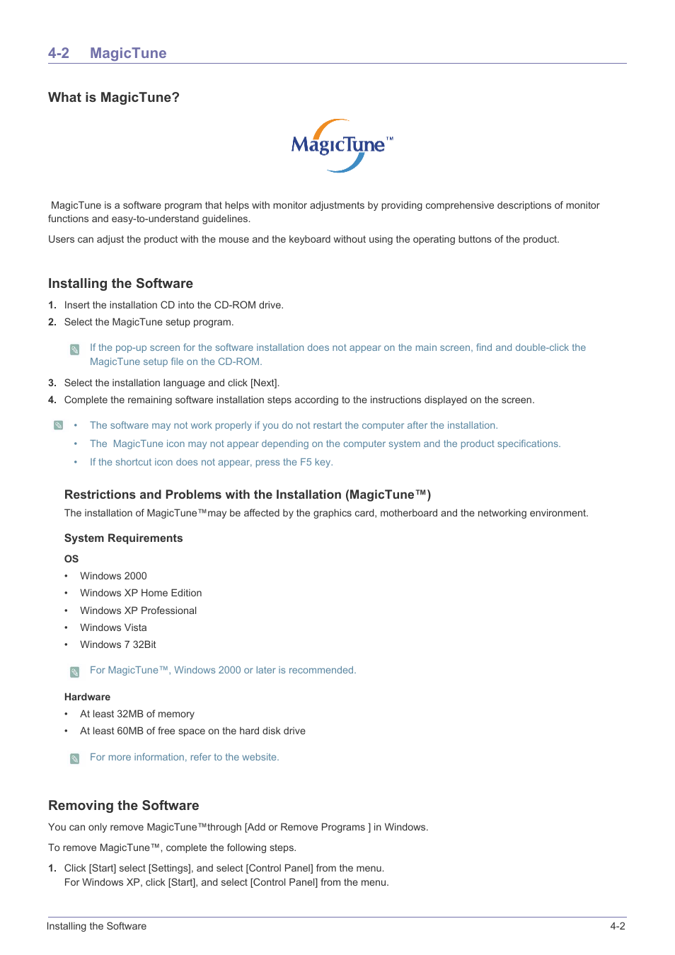 2 magictune, Magictune -2, What is magictune | Installing the software, Removing the software | Samsung LS27EFHKUF-ZA User Manual | Page 32 / 45