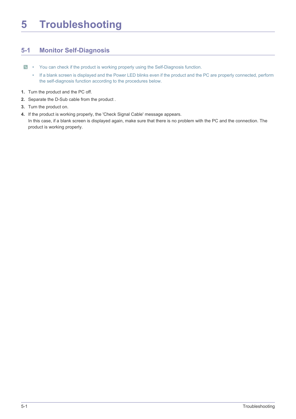 5 troubleshooting, 1 monitor self-diagnosis, Troubleshooting | Monitor self-diagnosis -1, 5troubleshooting | Samsung LS27EFHKUF-ZA User Manual | Page 35 / 45