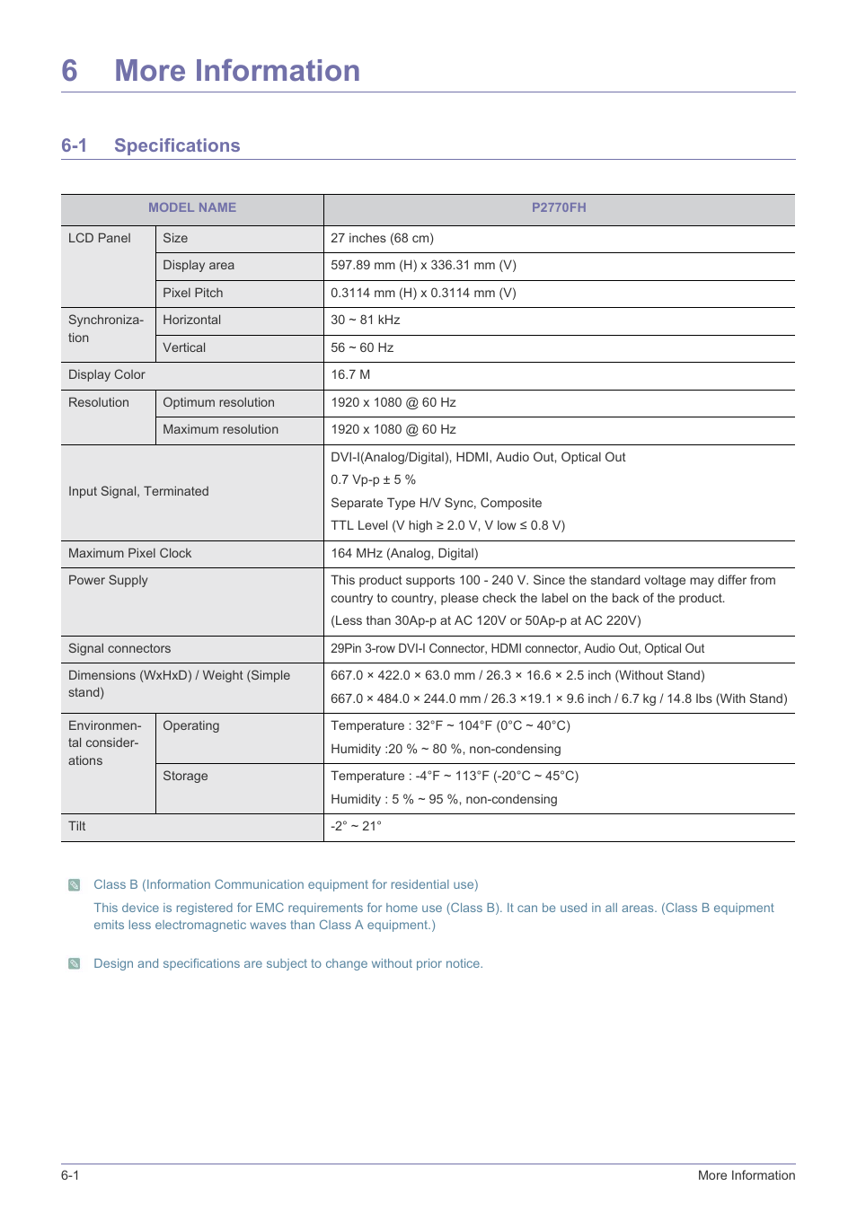 6 more information, 1 specifications, More information | Specifications -1, 6more information | Samsung LS27EFHKUF-ZA User Manual | Page 39 / 45