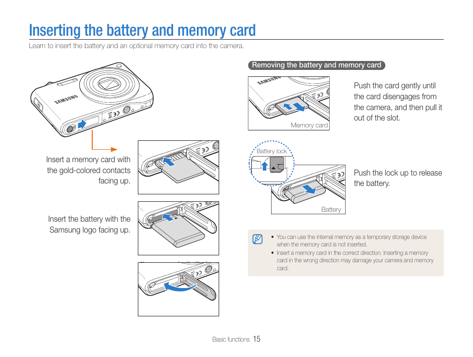 Inserting the battery and memory card | Samsung EC-PL200ZBPBUS User Manual | Page 16 / 100