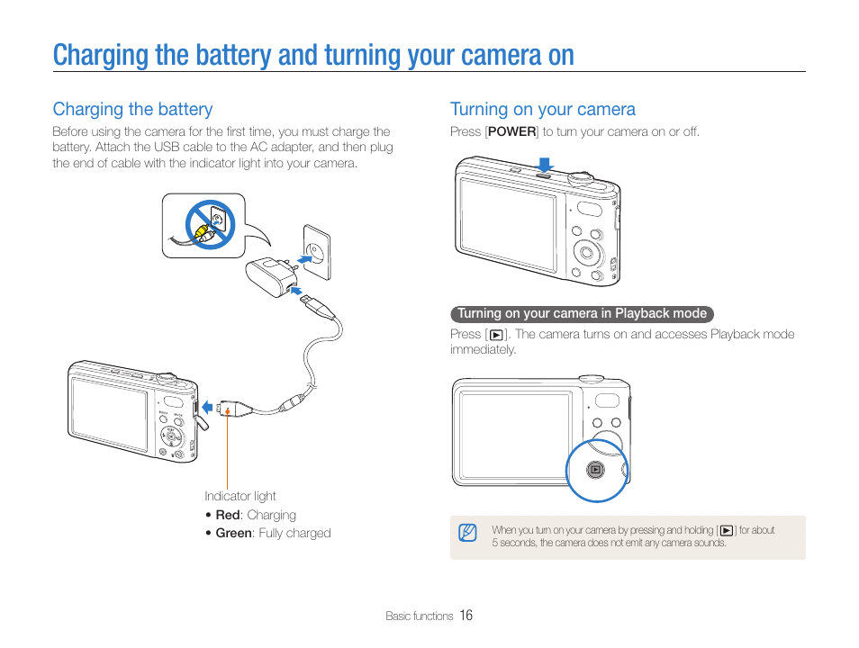 Charging the battery and turning your camera on, Charging the battery, Turning on your camera | Samsung EC-PL200ZBPBUS User Manual | Page 17 / 100