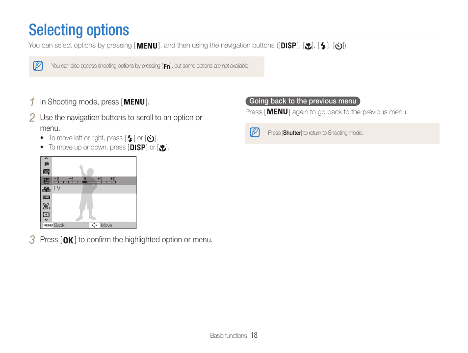 Selecting options | Samsung EC-PL200ZBPBUS User Manual | Page 19 / 100
