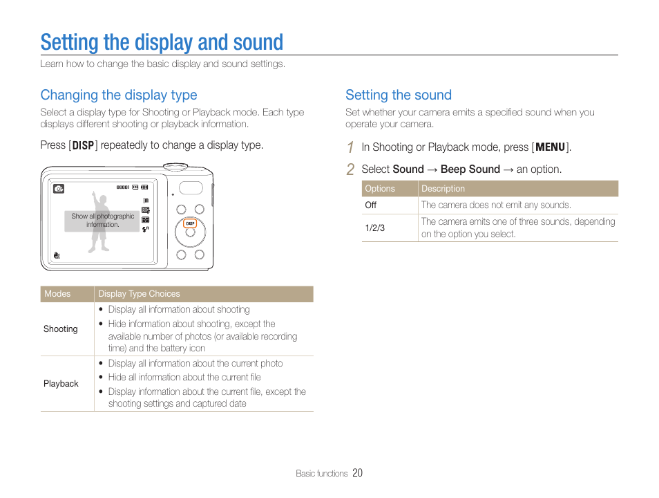Setting the display and sound, Changing the display type, Setting the sound | Samsung EC-PL200ZBPBUS User Manual | Page 21 / 100
