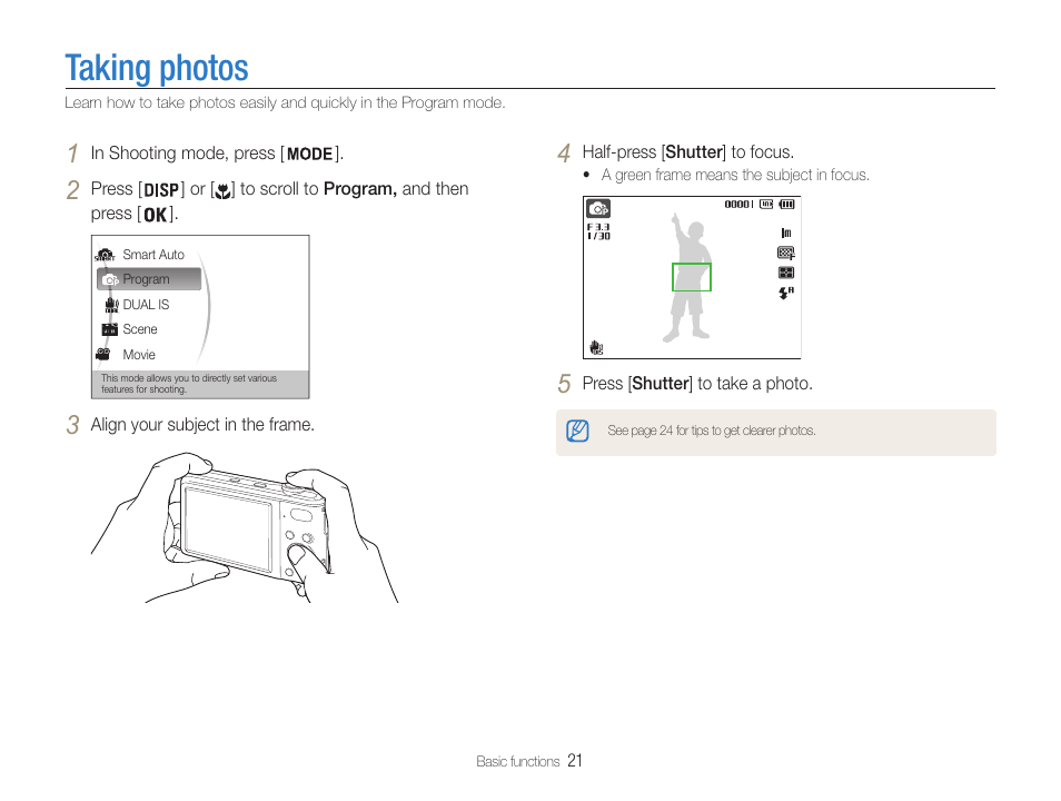 Taking photos | Samsung EC-PL200ZBPBUS User Manual | Page 22 / 100