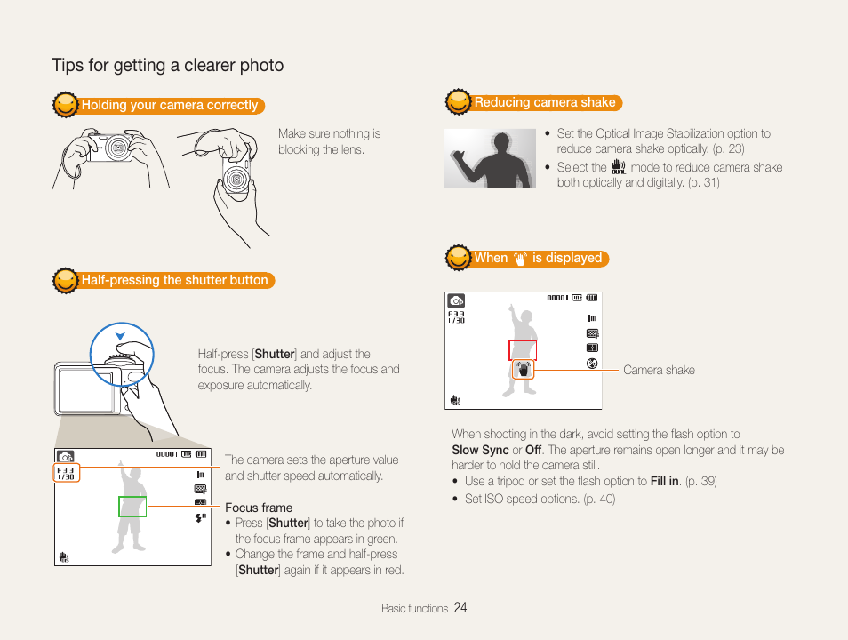 Tips for getting a clearer photo | Samsung EC-PL200ZBPBUS User Manual | Page 25 / 100
