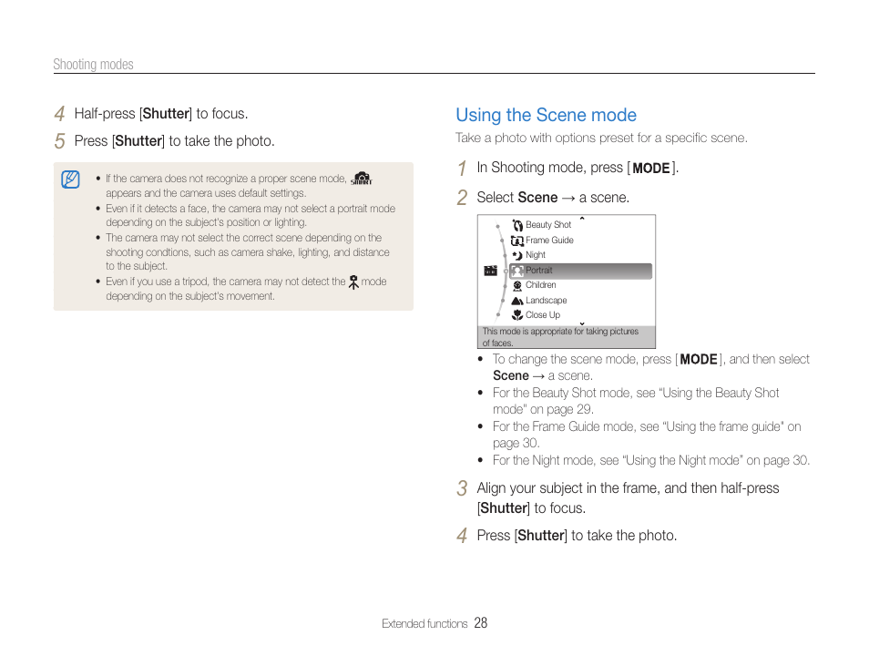Using the scene mode, Using the scene mode ……………………… 28 | Samsung EC-PL200ZBPBUS User Manual | Page 29 / 100
