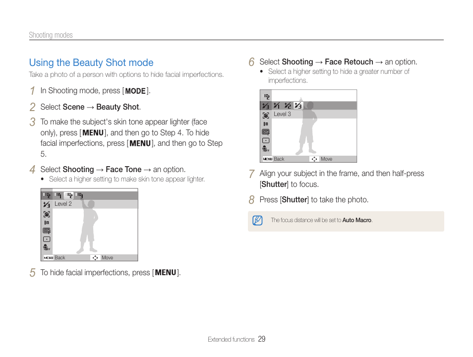 Using the beauty shot mode, Using the beauty shot mode ………………… 29 | Samsung EC-PL200ZBPBUS User Manual | Page 30 / 100