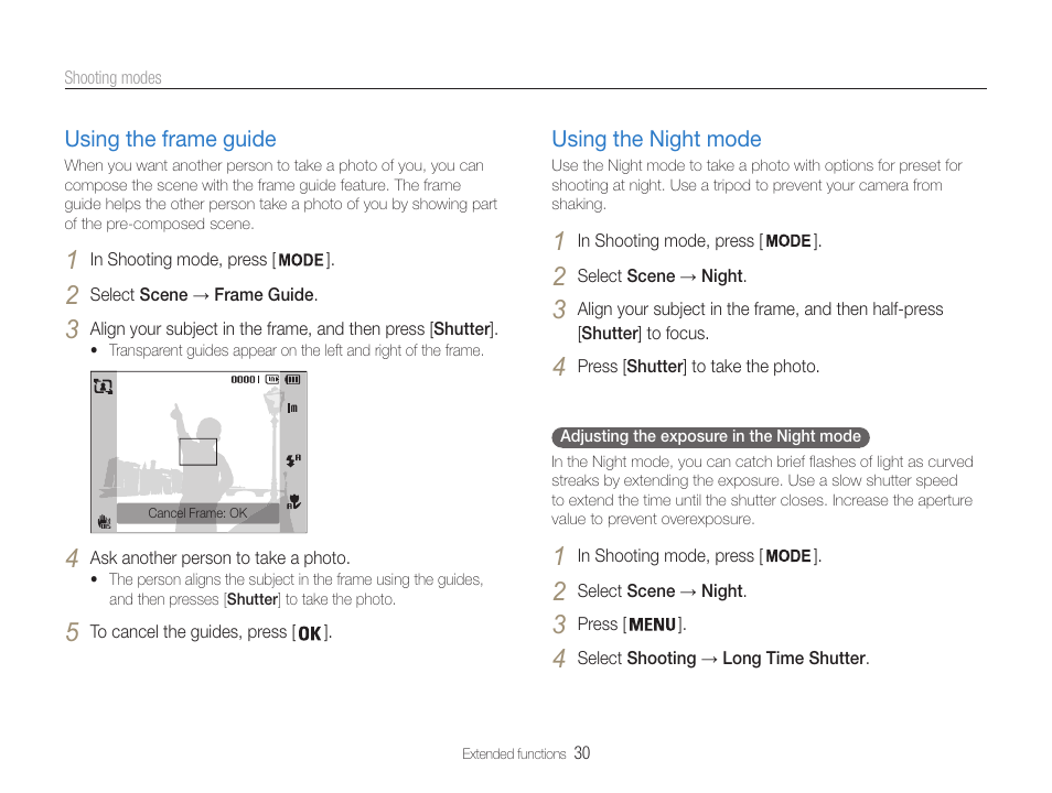 Using the frame guide, Using the night mode | Samsung EC-PL200ZBPBUS User Manual | Page 31 / 100