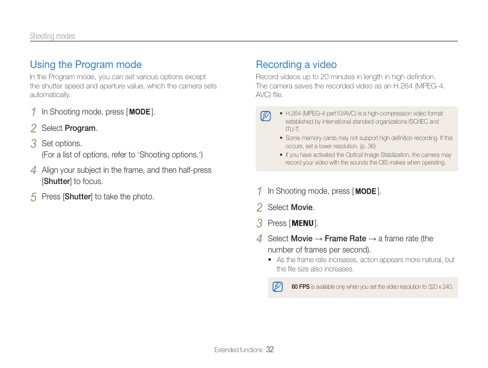 Using the program mode, Recording a video | Samsung EC-PL200ZBPBUS User Manual | Page 33 / 100