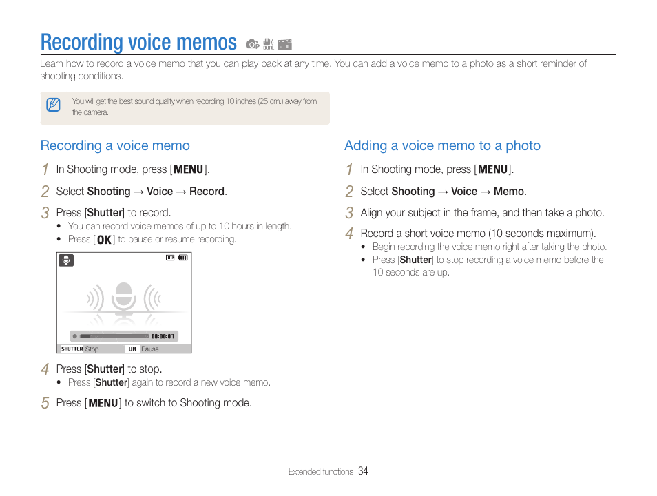 Recording voice memos, Recording a voice memo, Adding a voice memo to a photo | Samsung EC-PL200ZBPBUS User Manual | Page 35 / 100
