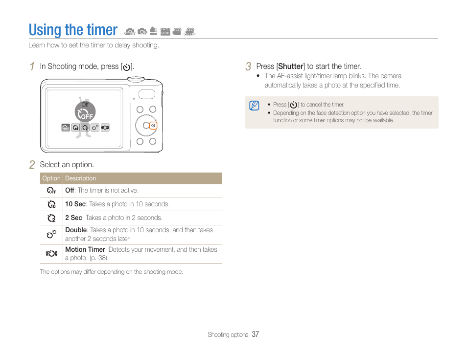 Using the timer | Samsung EC-PL200ZBPBUS User Manual | Page 38 / 100