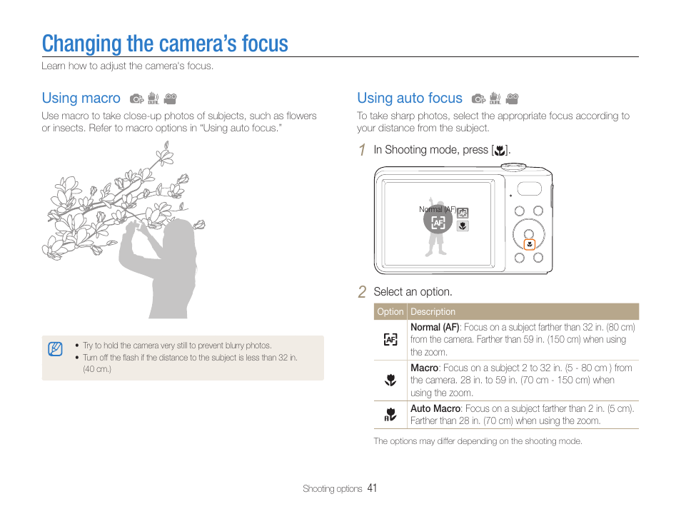 Changing the camera’s focus, Using macro, Using auto focus | Samsung EC-PL200ZBPBUS User Manual | Page 42 / 100
