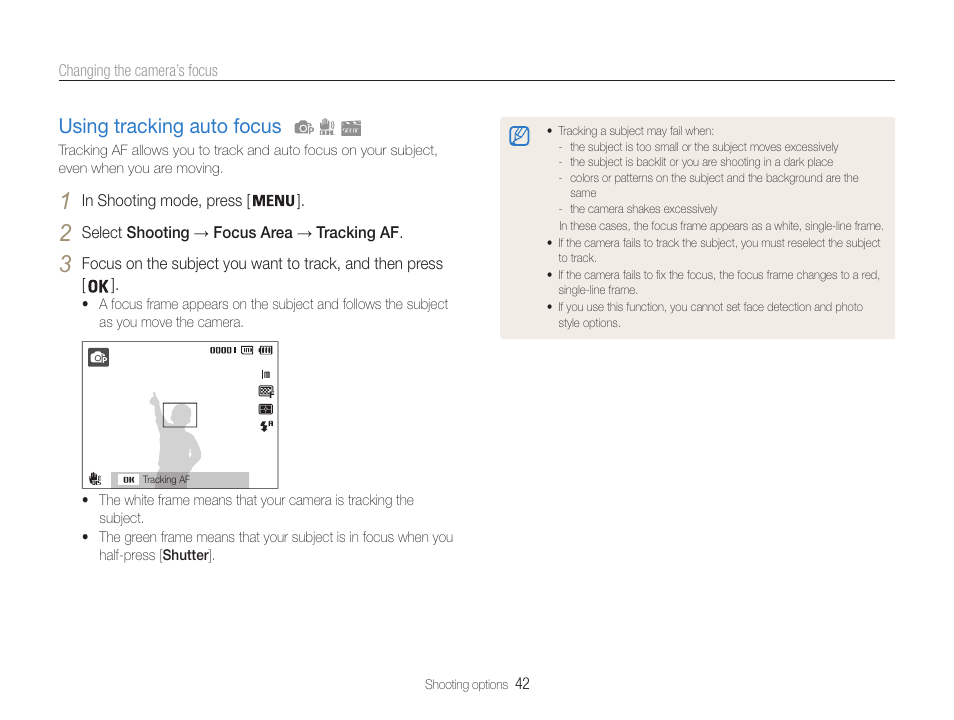 Using tracking auto focus, Using tracking auto focus …………………… 42 | Samsung EC-PL200ZBPBUS User Manual | Page 43 / 100