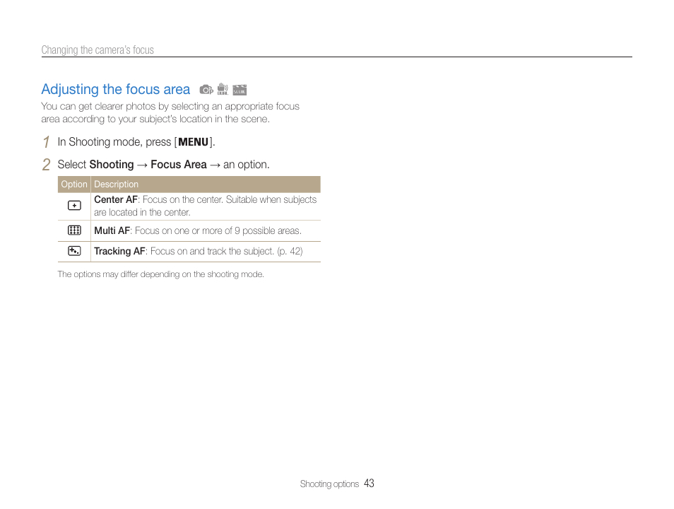 Adjusting the focus area, Adjusting the focus area ……………………… 43 | Samsung EC-PL200ZBPBUS User Manual | Page 44 / 100