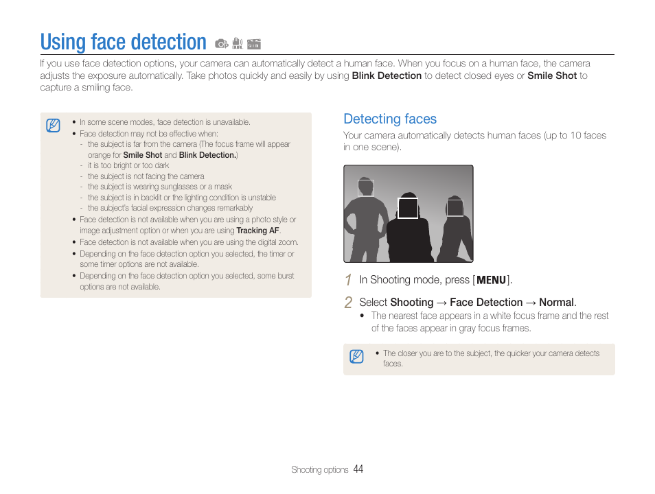 Using face detection, Detecting faces, Detecting faces ……………………………… 44 | Samsung EC-PL200ZBPBUS User Manual | Page 45 / 100