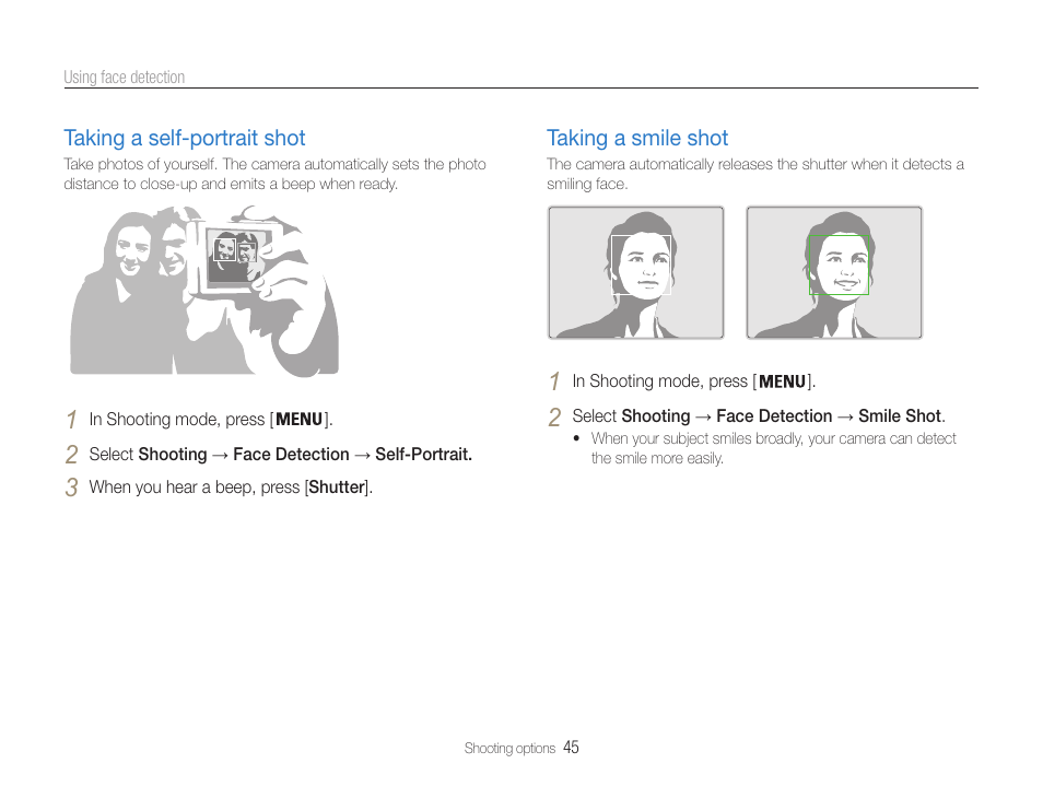 Taking a self-portrait shot, Taking a smile shot | Samsung EC-PL200ZBPBUS User Manual | Page 46 / 100