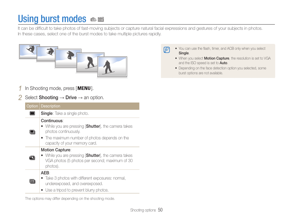Using burst modes | Samsung EC-PL200ZBPBUS User Manual | Page 51 / 100