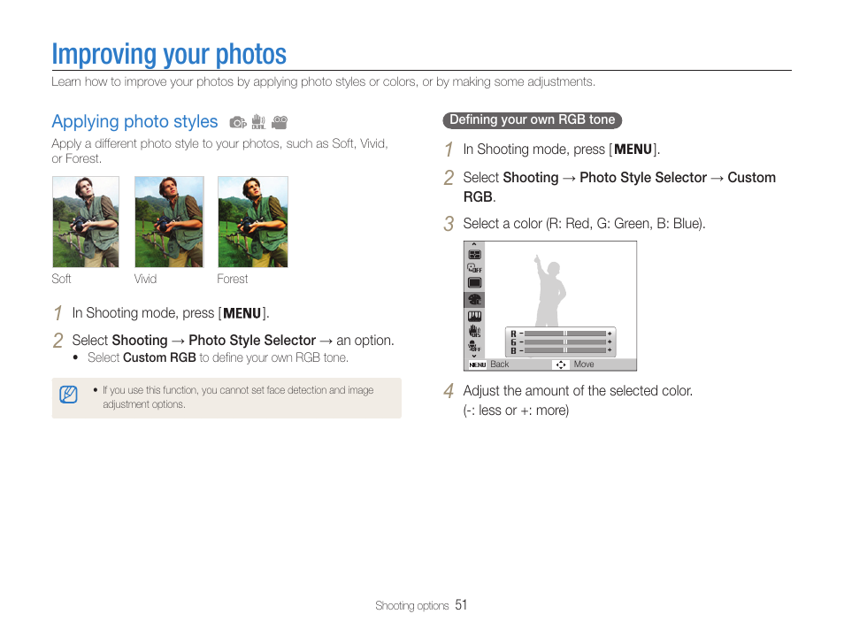 Improving your photos, Applying photo styles, Applying photo styles ………………………… 51 | Samsung EC-PL200ZBPBUS User Manual | Page 52 / 100