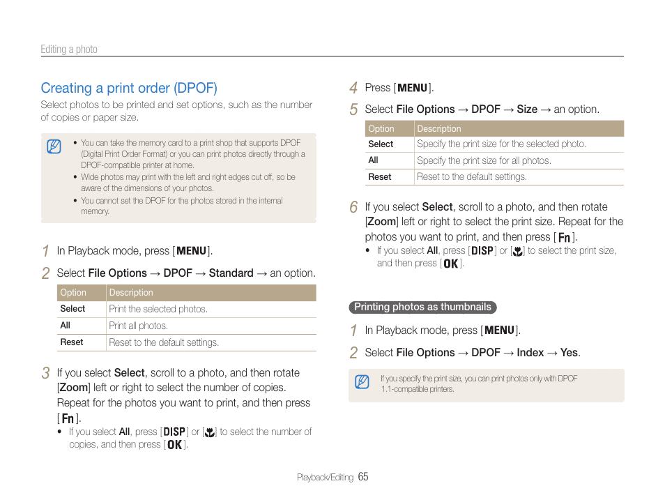 Creating a print order (dpof), Creating a print order (dpof) ………………… 65 | Samsung EC-PL200ZBPBUS User Manual | Page 66 / 100