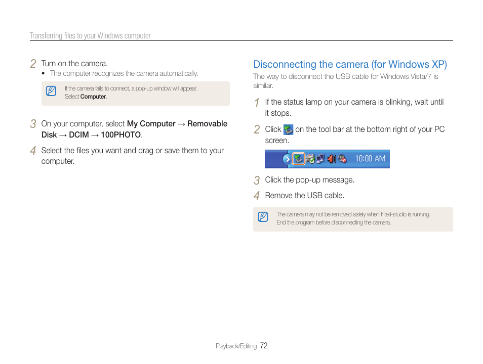 Disconnecting the camera (for windows xp), Disconnecting the camera (for windows xp) … 72 | Samsung EC-PL200ZBPBUS User Manual | Page 73 / 100