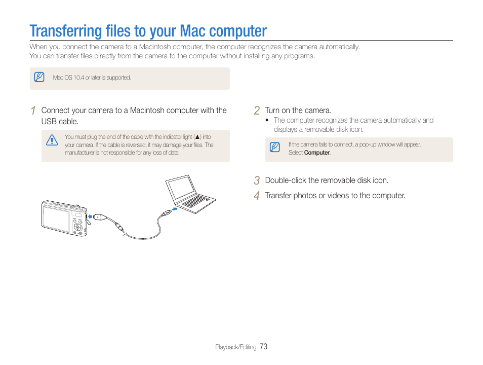 Transferring files to your mac computer | Samsung EC-PL200ZBPBUS User Manual | Page 74 / 100