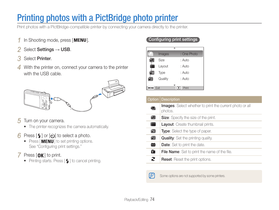 Printing photos with a pictbridge photo printer | Samsung EC-PL200ZBPBUS User Manual | Page 75 / 100