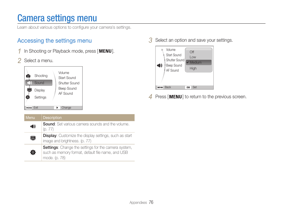 Camera settings menu, Accessing the settings menu, Accessing the settings menu ………………… 76 | Samsung EC-PL200ZBPBUS User Manual | Page 77 / 100