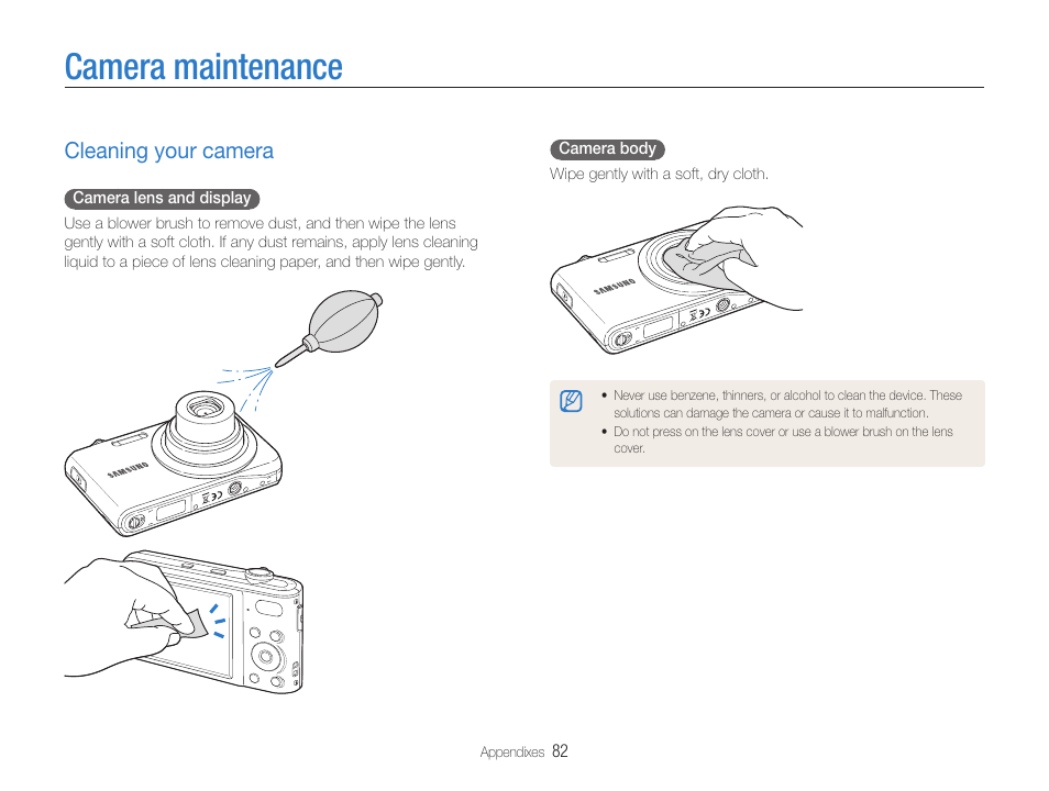 Camera maintenance, Cleaning your camera, Cleaning your camera ……………………… 82 | Samsung EC-PL200ZBPBUS User Manual | Page 83 / 100