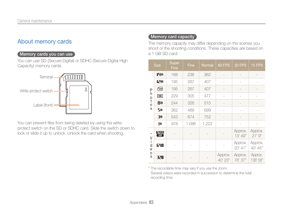 About memory cards, About memory cards ………………………… 83 | Samsung EC-PL200ZBPBUS User Manual | Page 84 / 100