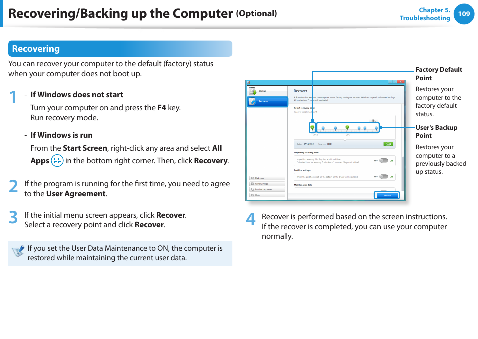Recovering/backing up the computer | Samsung NP520U4C-A01UB User Manual | Page 110 / 154
