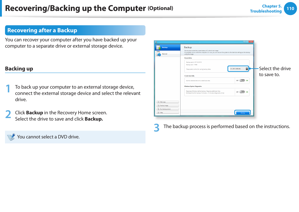 Recovering/backing up the computer | Samsung NP520U4C-A01UB User Manual | Page 111 / 154