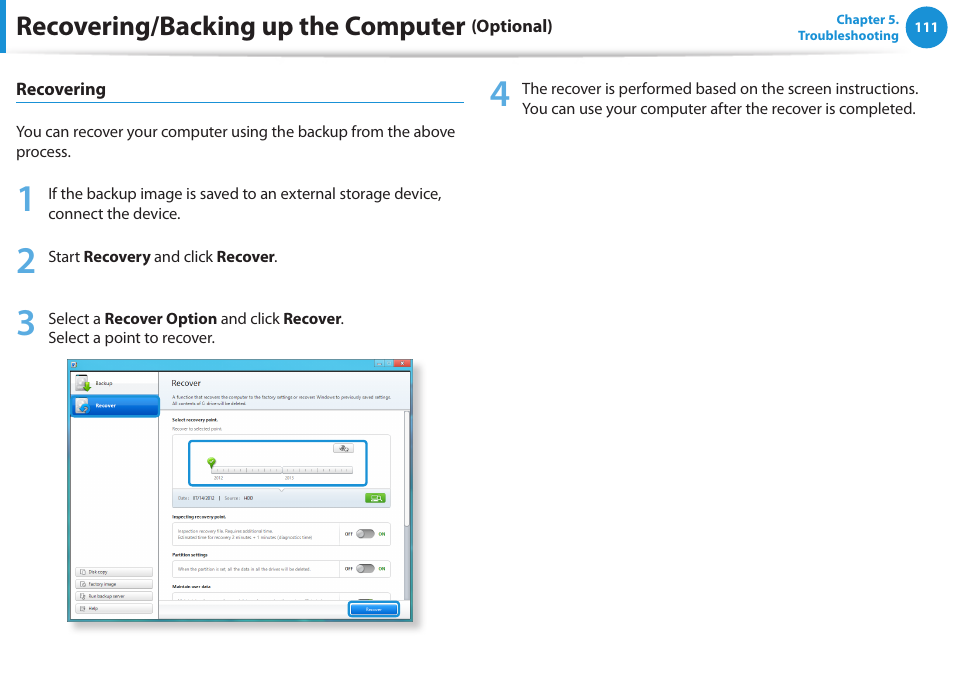 Recovering/backing up the computer | Samsung NP520U4C-A01UB User Manual | Page 112 / 154