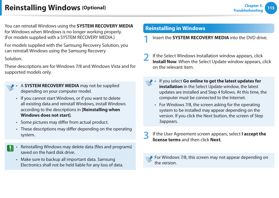 Reinstalling windows (optional), Reinstalling windows | Samsung NP520U4C-A01UB User Manual | Page 116 / 154