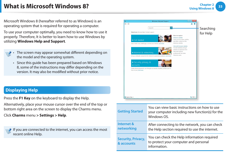 What is microsoft windows 8, Displaying help | Samsung NP520U4C-A01UB User Manual | Page 34 / 154