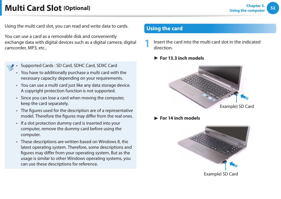 Multi card slot (optional), Multi card slot, Optional) | Samsung NP520U4C-A01UB User Manual | Page 53 / 154