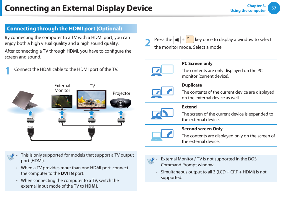 Connecting an external display device | Samsung NP520U4C-A01UB User Manual | Page 58 / 154