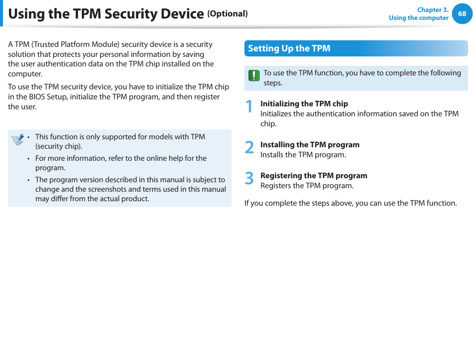 Using the tpm security device (optional), Using the tpm security device | Samsung NP520U4C-A01UB User Manual | Page 69 / 154