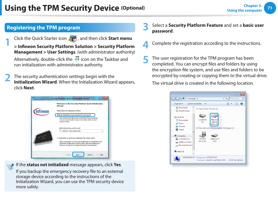 Using the tpm security device | Samsung NP520U4C-A01UB User Manual | Page 72 / 154