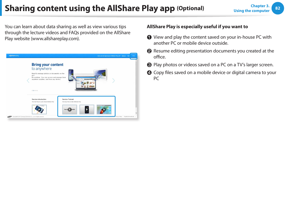 Sharing content using the allshare play app, Optional) | Samsung NP520U4C-A01UB User Manual | Page 83 / 154